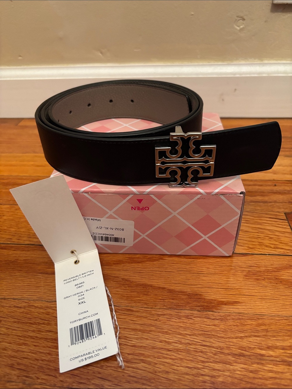 Tory Burch reversible Britten logo belt Black & Grey XXL